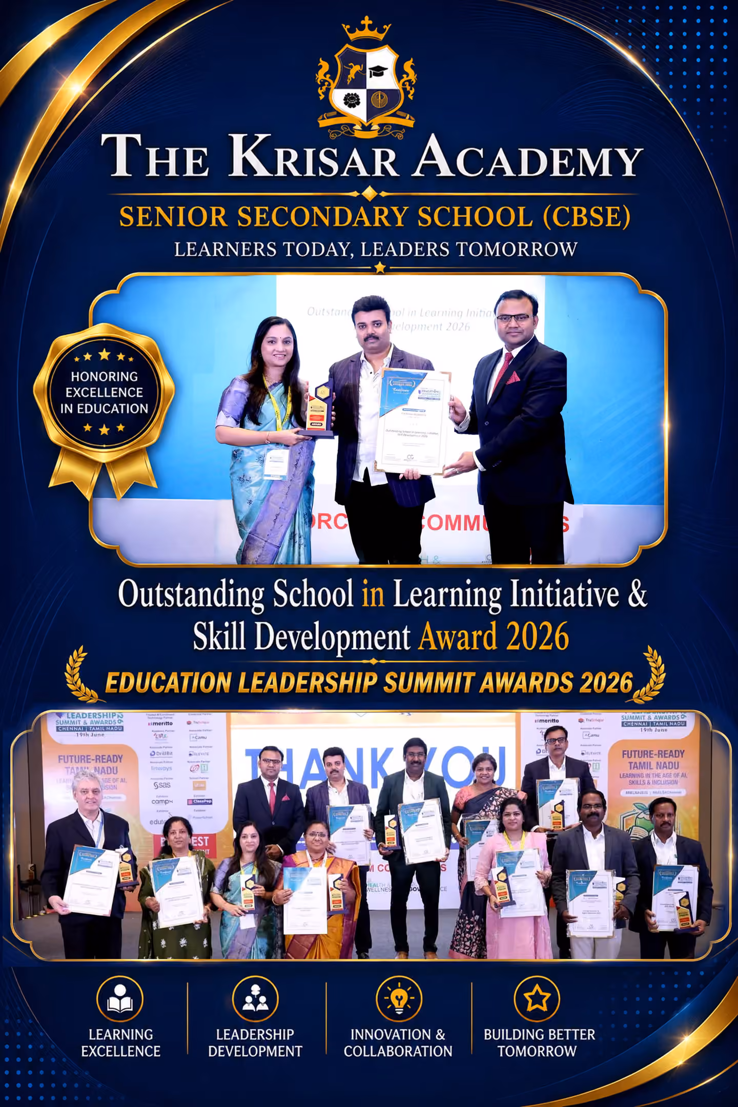 The Krisar Academy receives the Outstanding School in Learning Initiative & Skill Development Award 2026 at the Education Leadership Summit Awards.