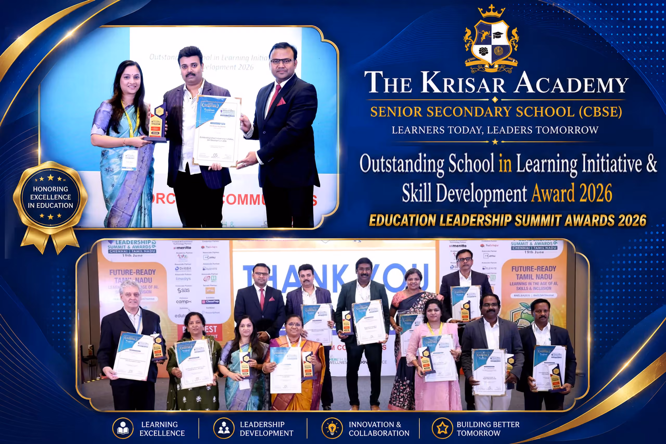 The Krisar Academy receives the Outstanding School in Learning Initiative & Skill Development Award 2026 at the Education Leadership Summit Awards.